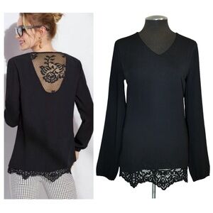 CAbi - Tempest Black Lace Back Long Sleeve Blouse #3331 – Small